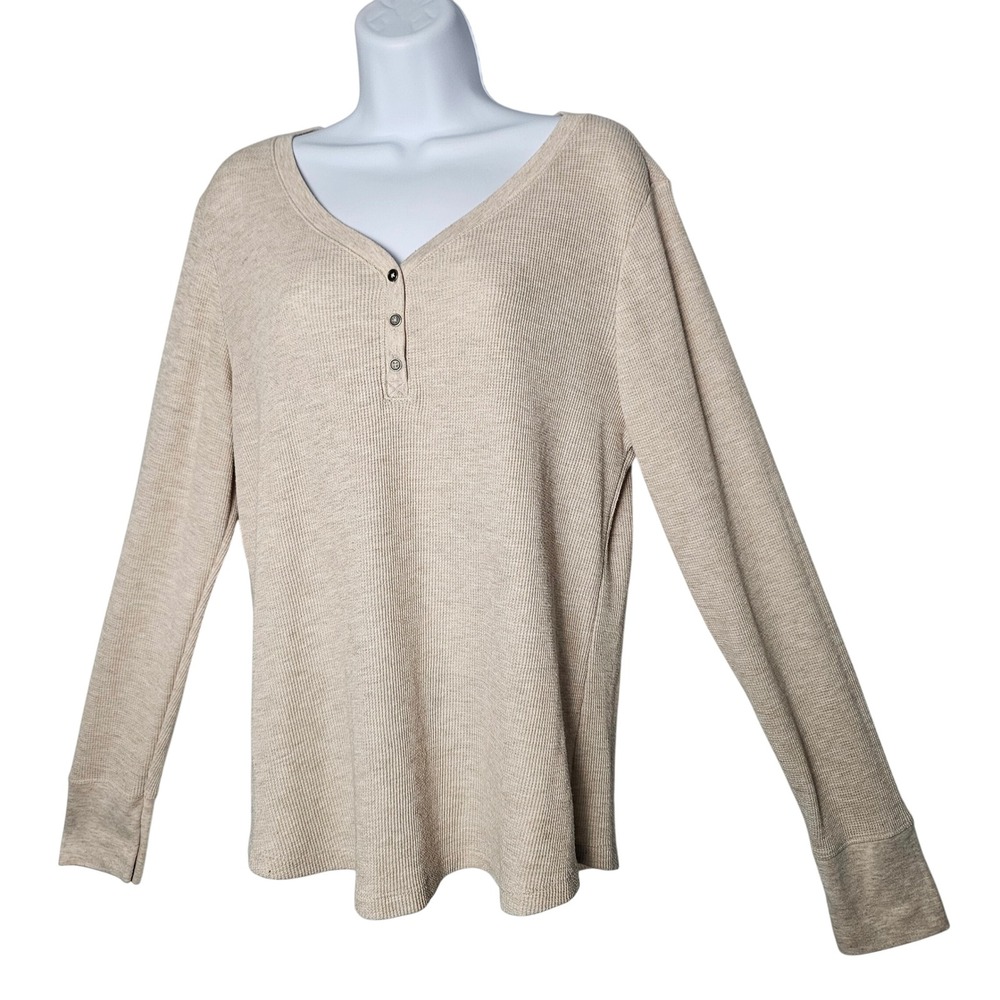 Faded Glory Henley Thermal Top Womens XL Oatmeal Waffle Knit Y2K Grunge‎ Casual